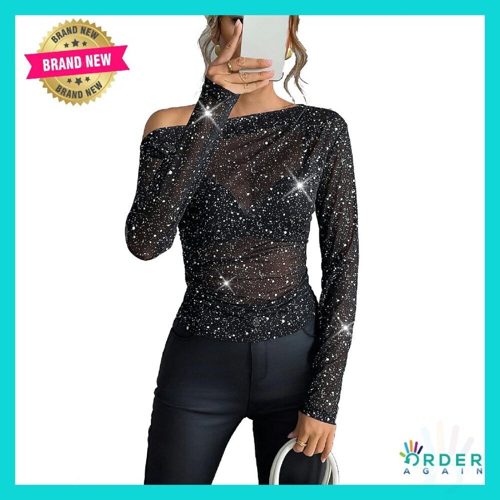 Sparkly Glitter Off Shoulder Mesh Top Long Sleeve Sheer Y2K Clubwear